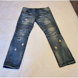 Embellish Mens Moto Jeans Size 42 Blue Distressed Bleach Splatter Hand Crafted